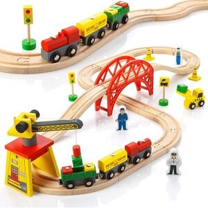 Wooden Train Set with Red Bridge and Colorful Accessories